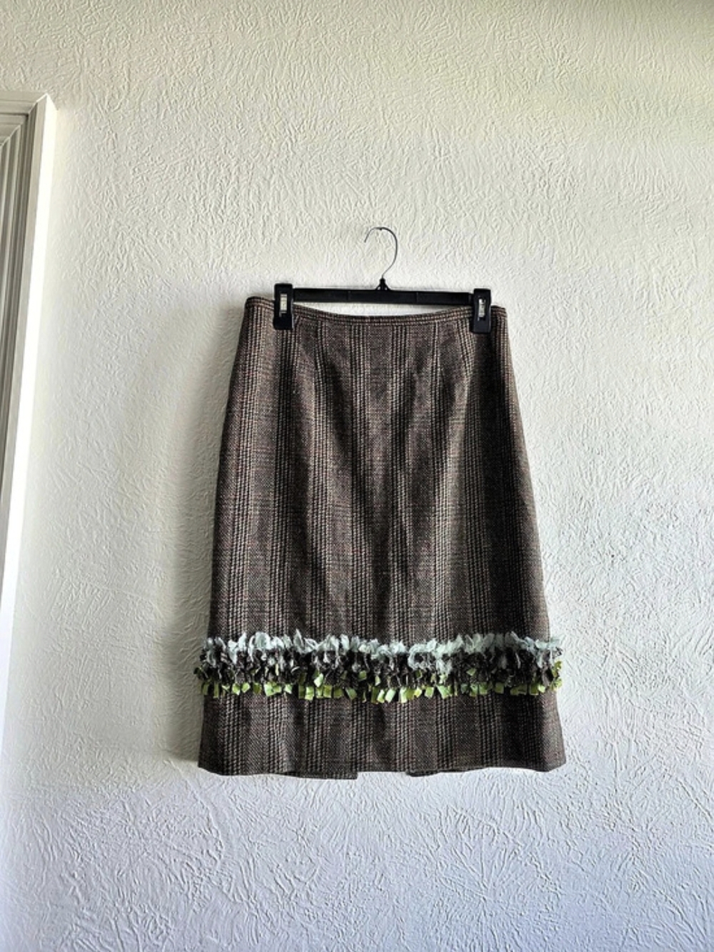 Grannycore Plaid Wool A-Line Skirt Brown With Green & Blue Ruffle Hem Size 4